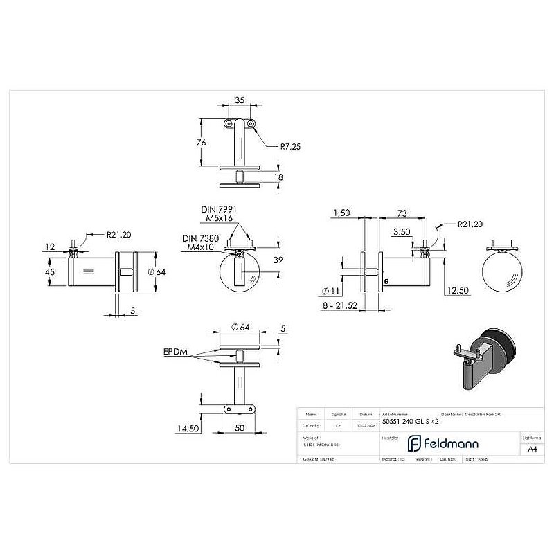 Sensa Design 2, für Rohr 42,4mm, für Montage an Glas, mit Gelenk für Steigung, V2A