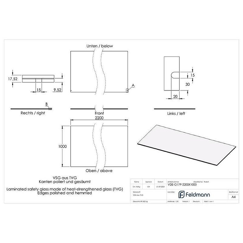 Eleganza canopy glass: 2200x1000mm VSG made of 2x8mm TVG with 1,52mm PVB