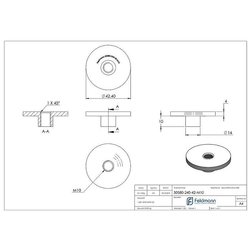 Plate, Ø 42.4mm, for welding on, AISI304