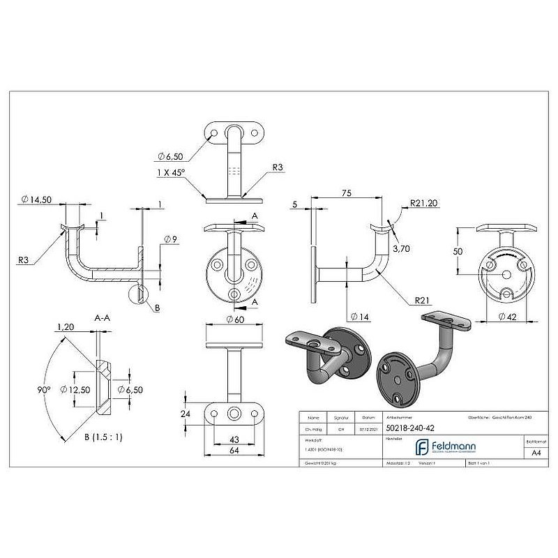 Handlaufhalter mit Kabeldurchführung für LED Handläufe, V2A