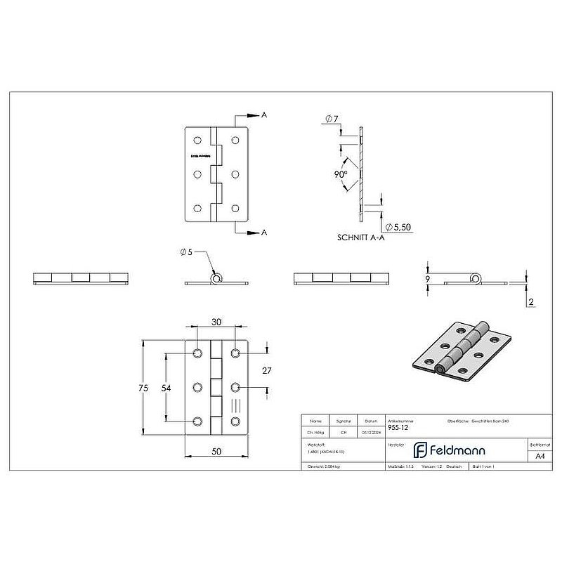 Edelstahl-Scharnier 75x50mm mit festem Zapfen
