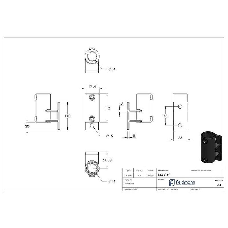 Support mural avec 2 trous de fixation, pour tube Ø 42,4mm