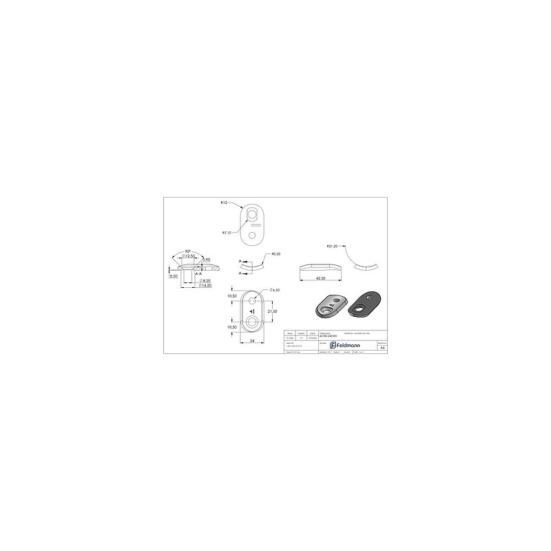 End handrail mounting plate for 42.4 mm pipe, AISI304