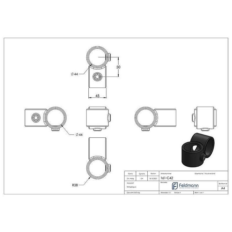 Raccord en croix 90°, pour tube Ø 42,4mm