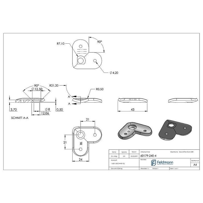 Handlaufanschlussplatte 90° 42,4mm, V2A