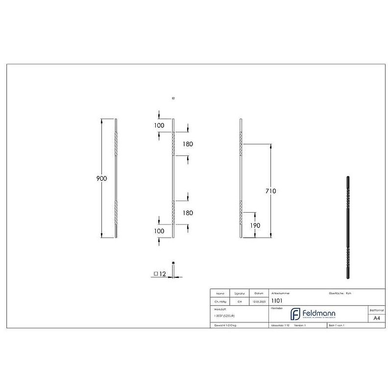 Barre d'ornement intermédiaire 12x12mm, lisse, L : 900mm