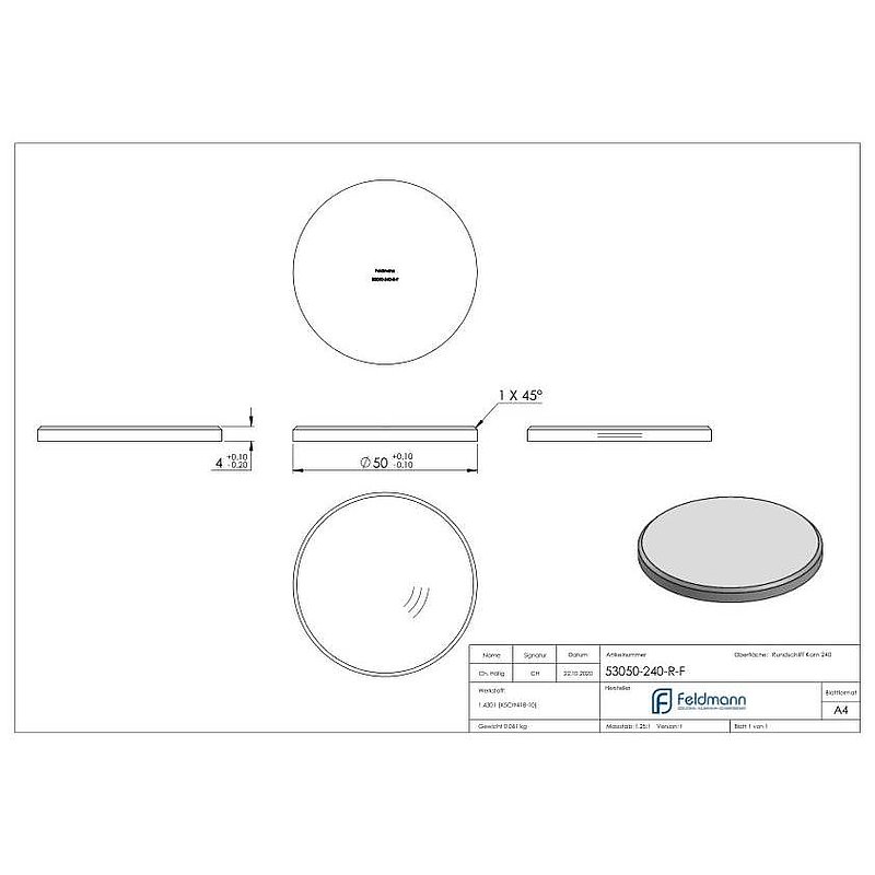Ronde Ø 50x4mm, mit Rundschliff und Fase, V2A