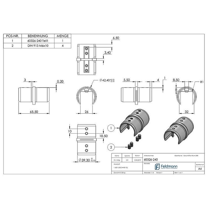 Rohrverbinder für Nutrohr 42,4mm, V2A