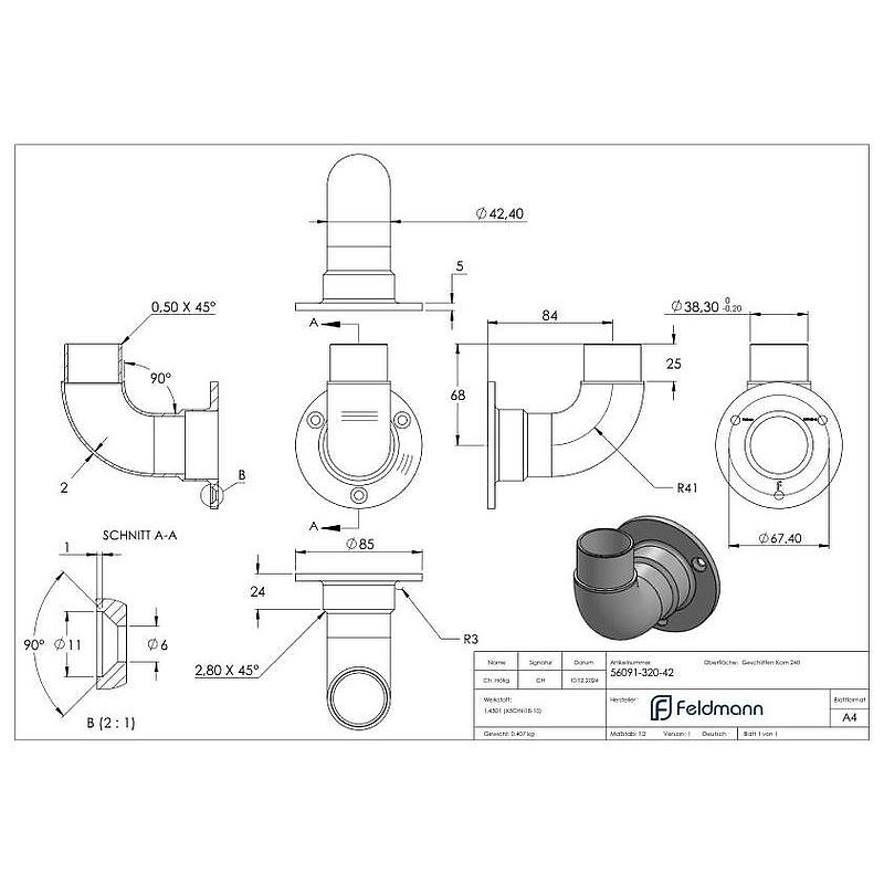 Wandhalter 90° für Rohr 42,4x2,0mm, V2A
