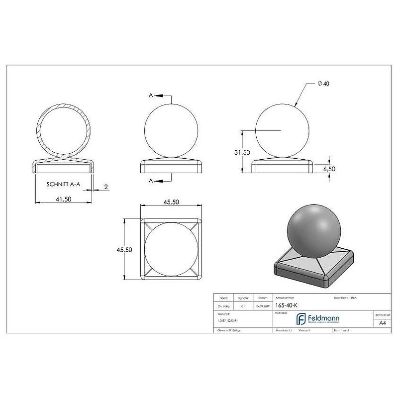 Capuchon 40x40mm avec boule creuse Ø40mm