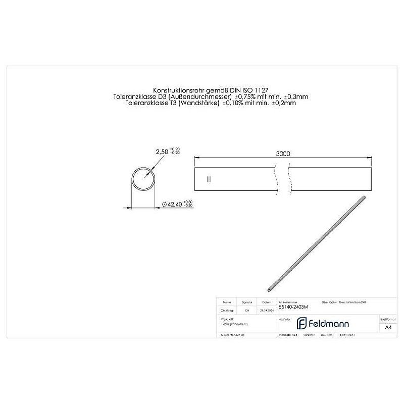 Stainless steel tube, 42,4x2,5mm, L: 3000mm, AISI304