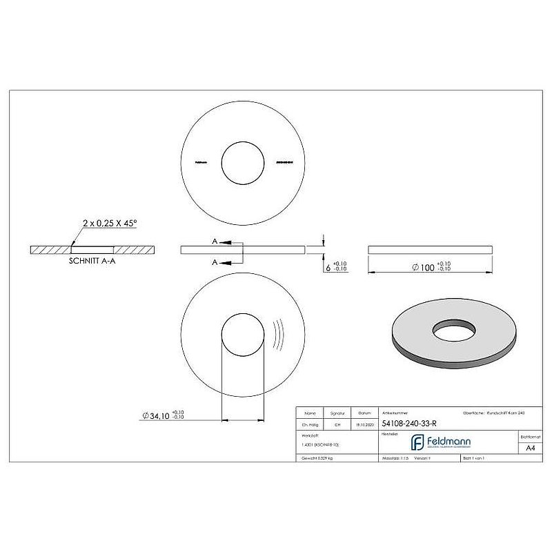 Ankerplatte Ø 100x6mm, mit Rundschliff, V2A