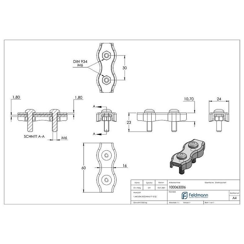 Serre-câble plat double pour câble 6mm, V4A