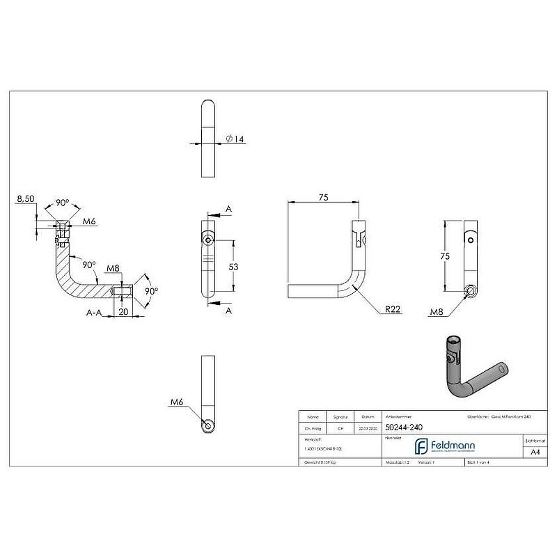 Bracket Ø 14mm, with joint, 90° bent, AISI304