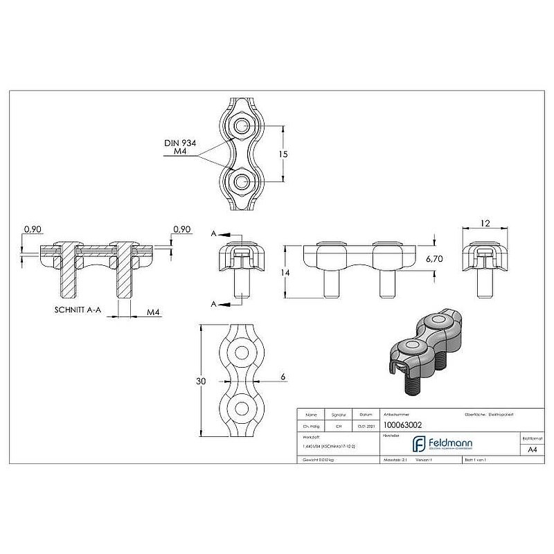 Duplexklemmen für Seil 2mm, V4A