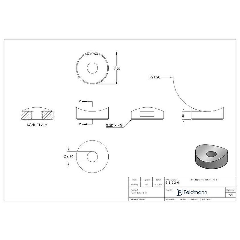 Ausgleichsstück (ohne Senkung) für Rohr 42,4mm, Ø 20mm, V2A