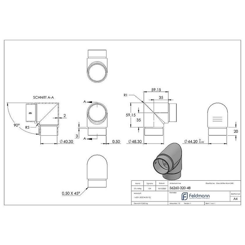 Tube coudé à 90°, court, pour tube 48,3 x 2,0 mm, V2A (1.4301)