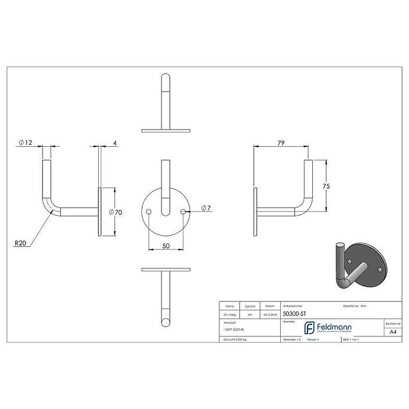 Handlaufträger mit Ronde flach, 70x4mm