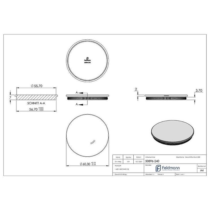 Tube end plug, for tube 60.3x2.0mm, AISI304