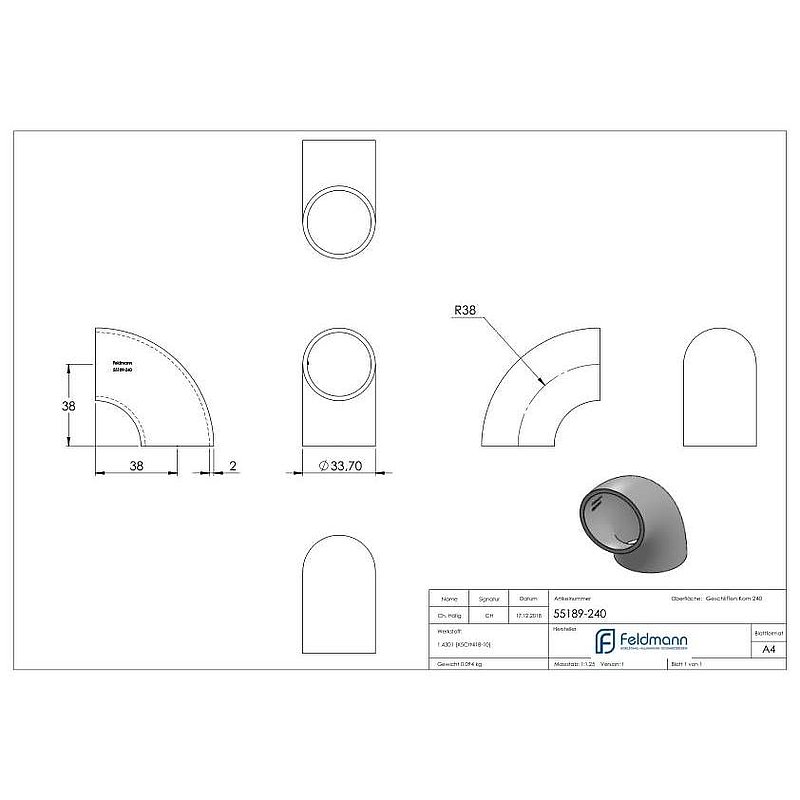 Coude à souder 90°, 33,7x2,0mm, V2A