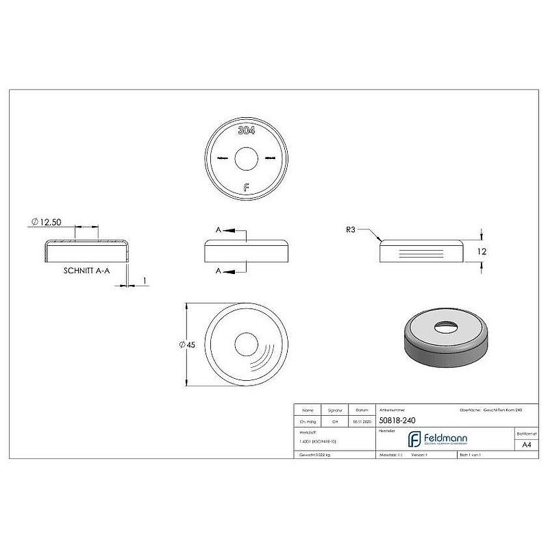 Cover rosette, 45x12mm, drill hole 12.5mm, AISI304