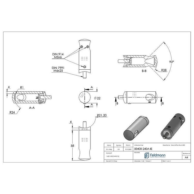 Support de lisse transversale pour tube Ø 42,4mm, perçage Ø 12,2mm, coin intérieur, V2A