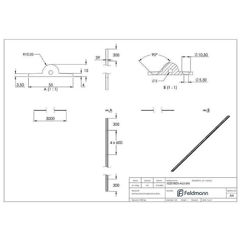 screw-on floor track with boreholes, Ø top: 19mm, L: 3m, aluminium