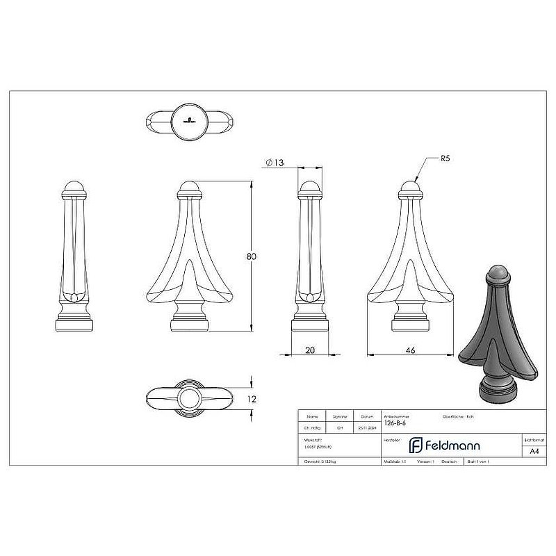 Elément d'ornement en fer de lance Ø 20mm, H : 80mm