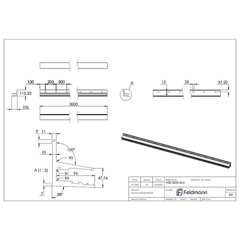 Canopy profile eleganza canopy, L: 3000mm, E4/EV1