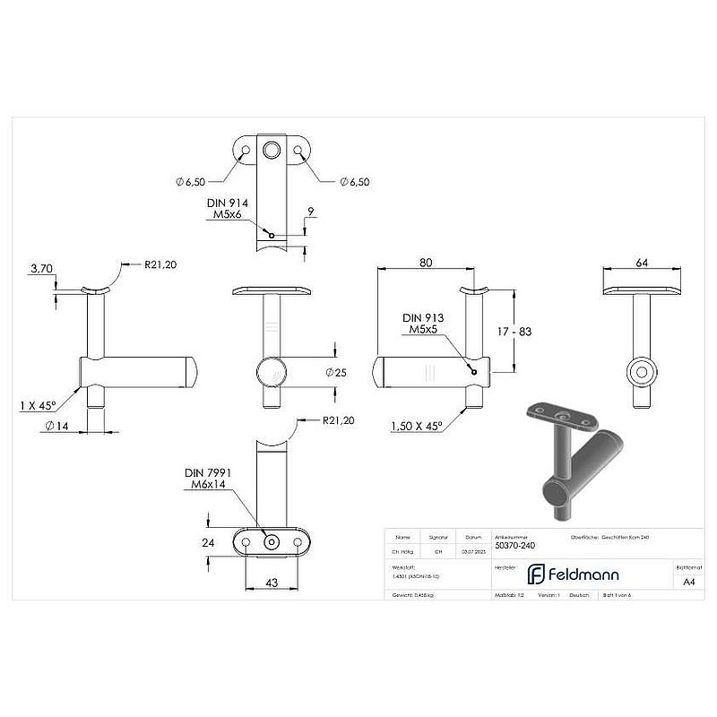 Support mural avec plaque de fixation pour main-courante de Ø 42,4mm, V2A