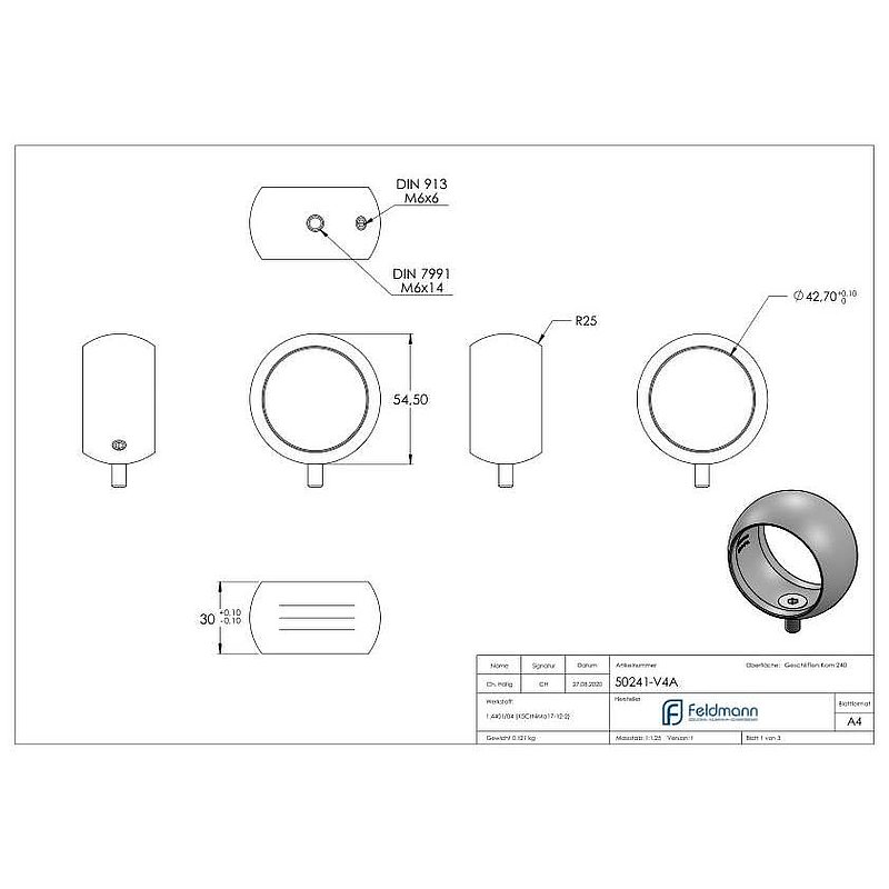 Kugelring für Handlaufhalter, 42,4mm, V4A