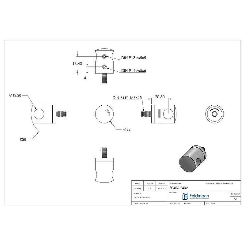 Support de lisse transversale avec raccordement droit, perçage Ø 12,2mm, V2A