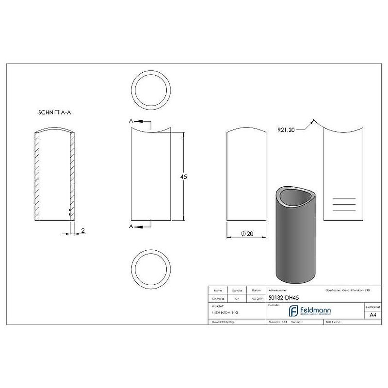 Distanzhülse, L: 45mm, für 42,4mm, V2A