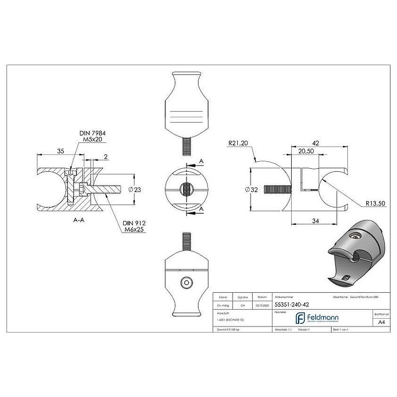 Halter für rundes Klemmprofil 27mm Anschluss: 42,4mm, V2A