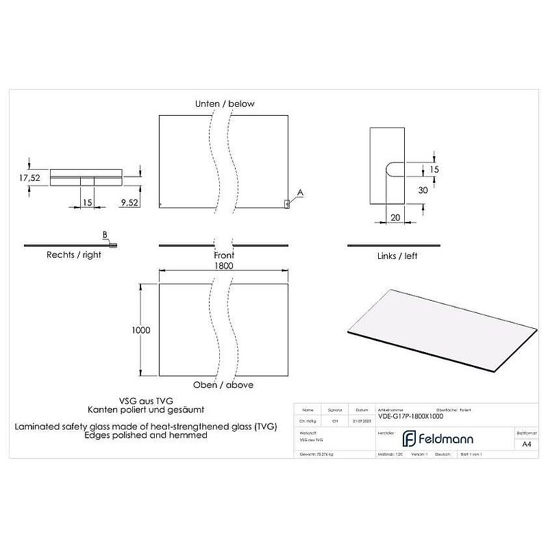 Eleganza canopy glass: 1800x1000mm VSG made of 2x8mm TVG with 1,52mm PVB