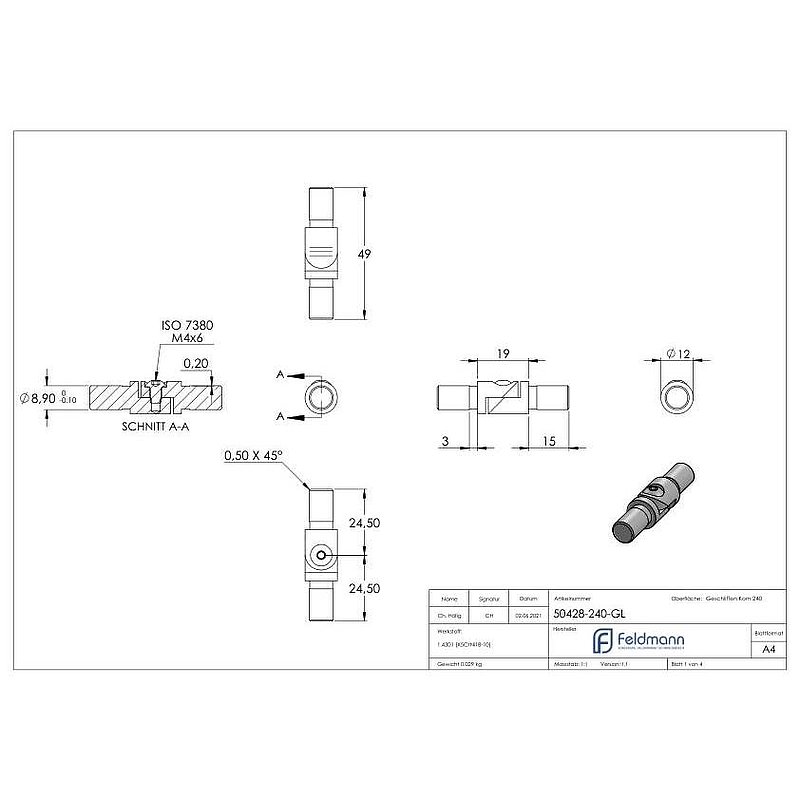 Tube connector with joint for tube 12.0x1.5mm, AISI304