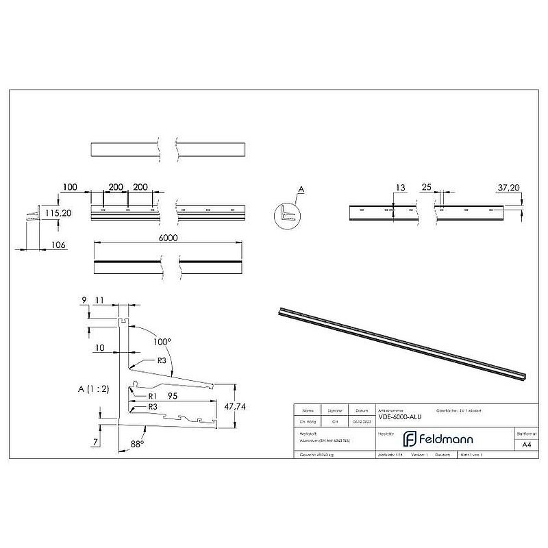 Canopy profile eleganza canopy, L: 6000mm, E4/EV1