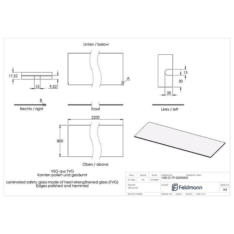 Eleganza canopy glass: 2200x800mm VSG made of 2x8mm TVG with 1,52mm PVB