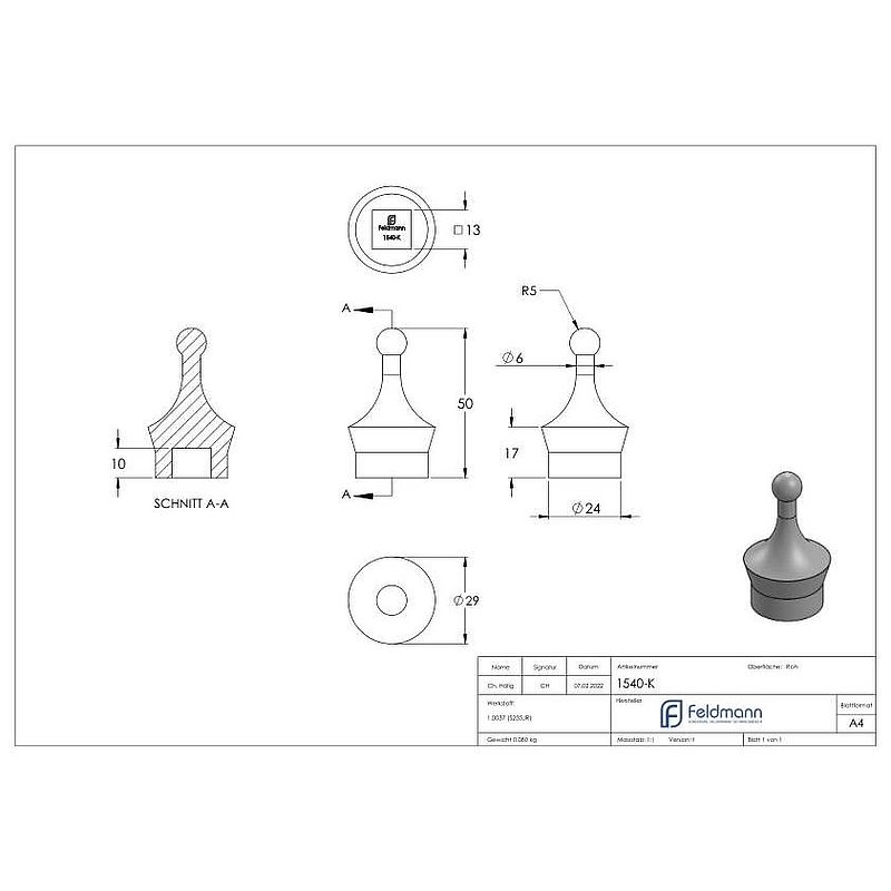 Kappe für Quadratstab 12x12mm, H: 50mm