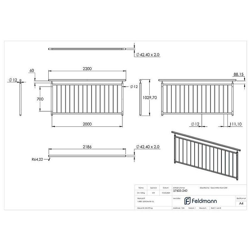Balcon à la française, droit, L: 2000mm, V2A