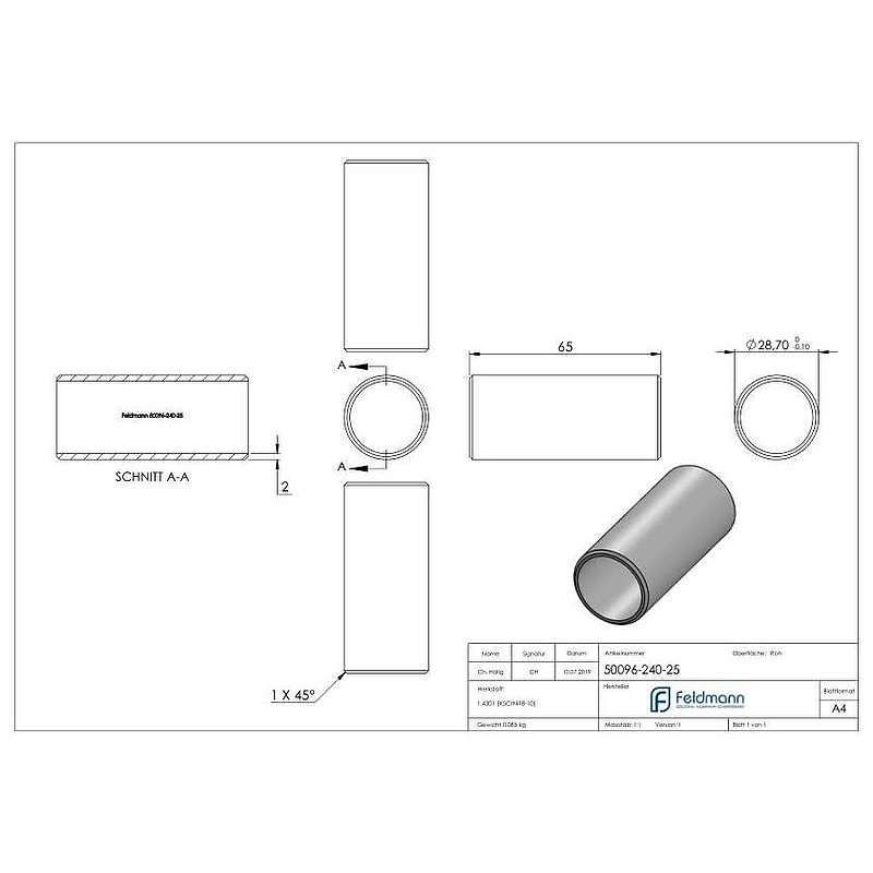 Connecting piece for tube 33.7x2.5mm, AISI304