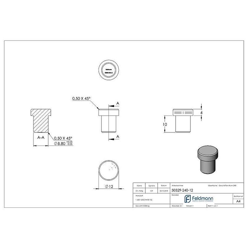 Tube end plug, for tube 12.0x1.5mm, AISI304
