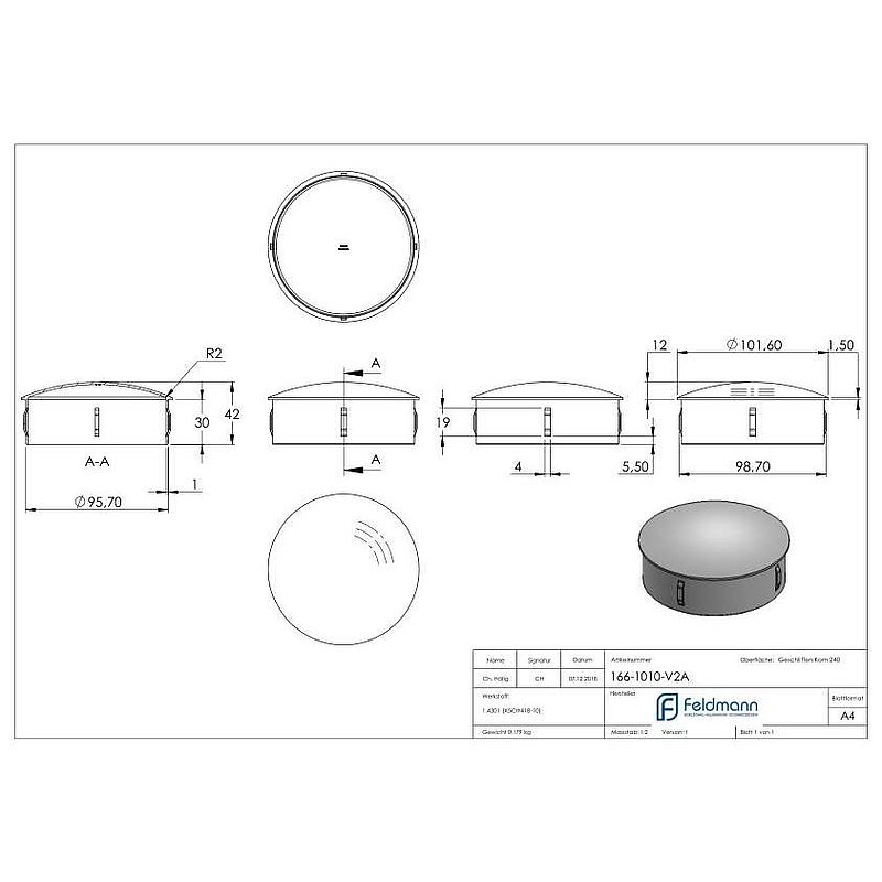 Bouchon pour extrémité de tube, pour tube 101,6x2,0 - 2,5mm, V2A