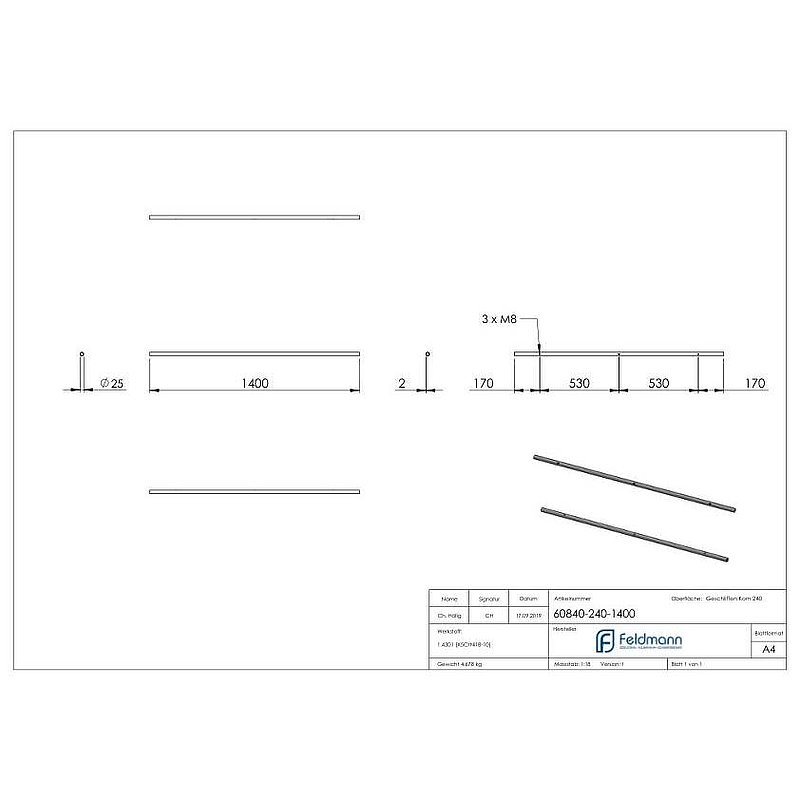 Rail for sliding glass doors, L: 1400mm, AISI304