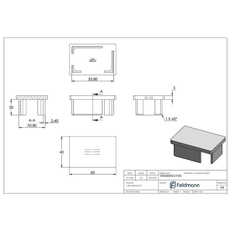 Einsteckkappe, für Rohr 60x40x3,0mm, V2A