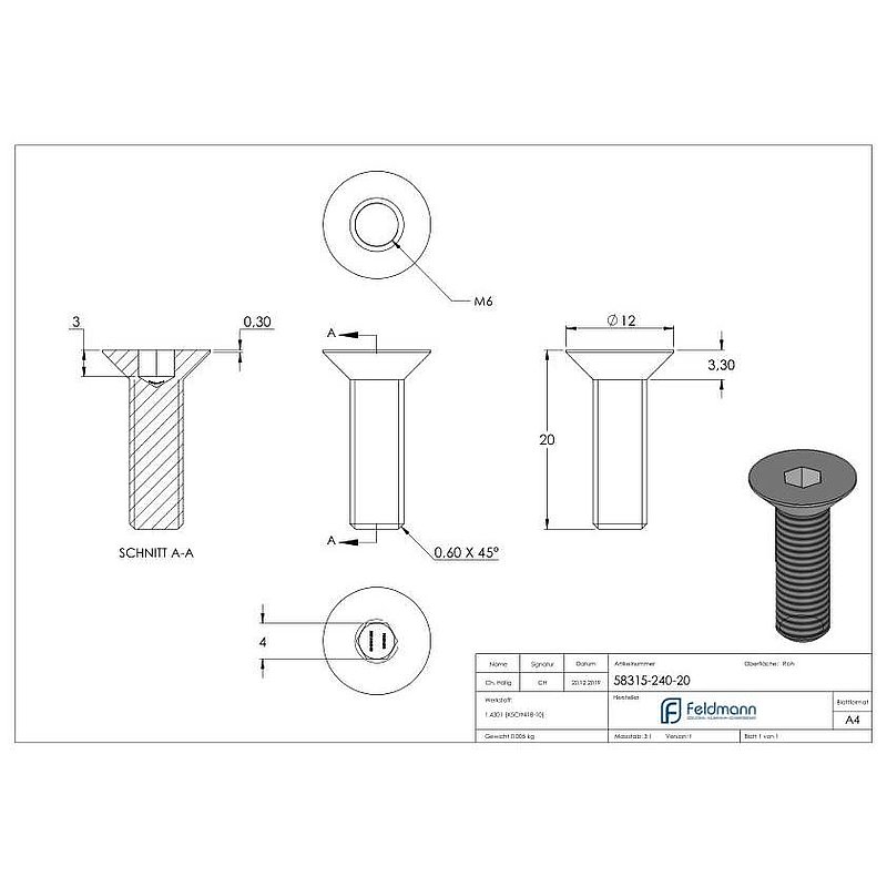 Countersunk head screw M6x20, AISI304, ISO 10642