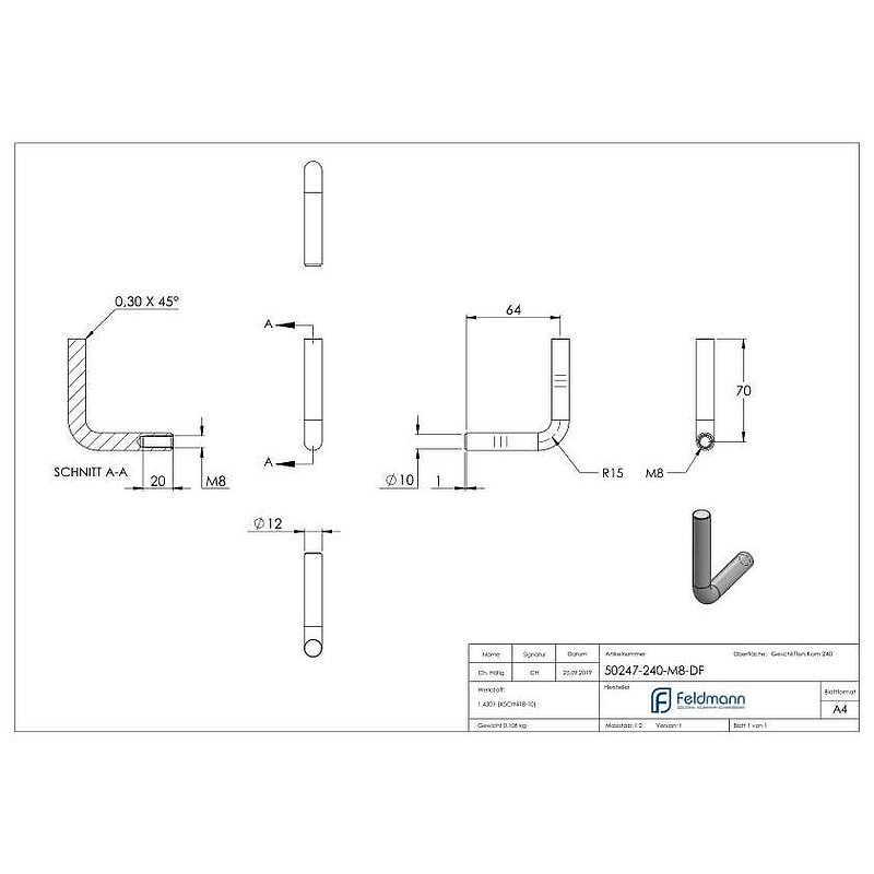 Bracket Ø 12mm, 90° bent, AISI304