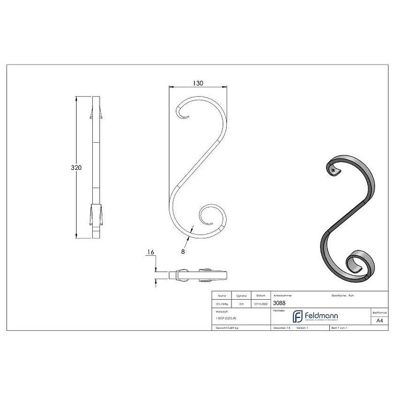 Volute en forme de S 16x8mm, 320x130mm