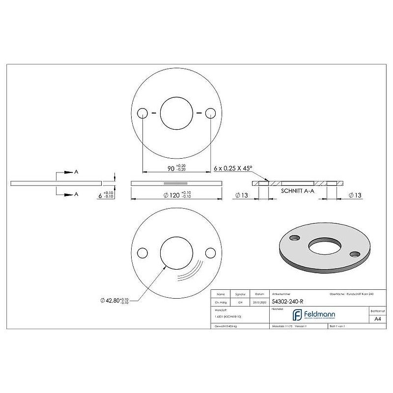 Anchor plate Ø 120x6mm, with round grinding, AISI304