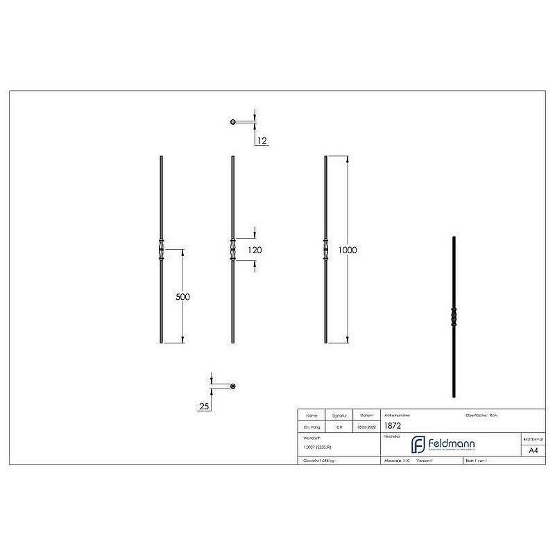 Zierstab 12mm, gehämmert, H: 1000mm